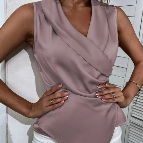 Satin Shawl Collar Asymmetrical Hem Blouse Mauve purple - Picture 2 of 7